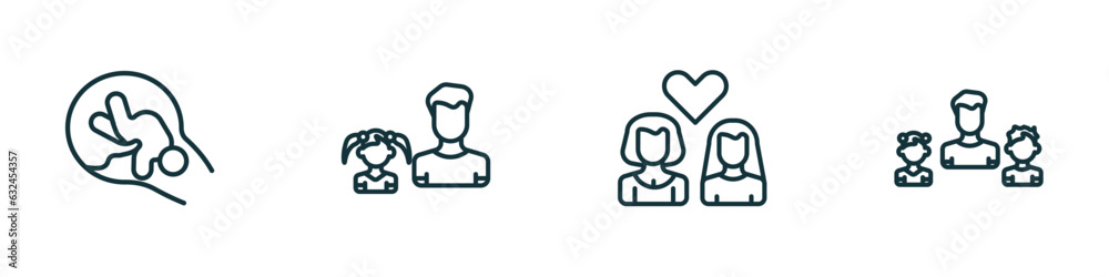 set of 4 linear icons from people concept. outline icons included birth, father and daughter, lesbian couple, father and children vector set of 4 linear icons from people concept. outline icons included birth, father and daughter, lesbian couple, father and children vector