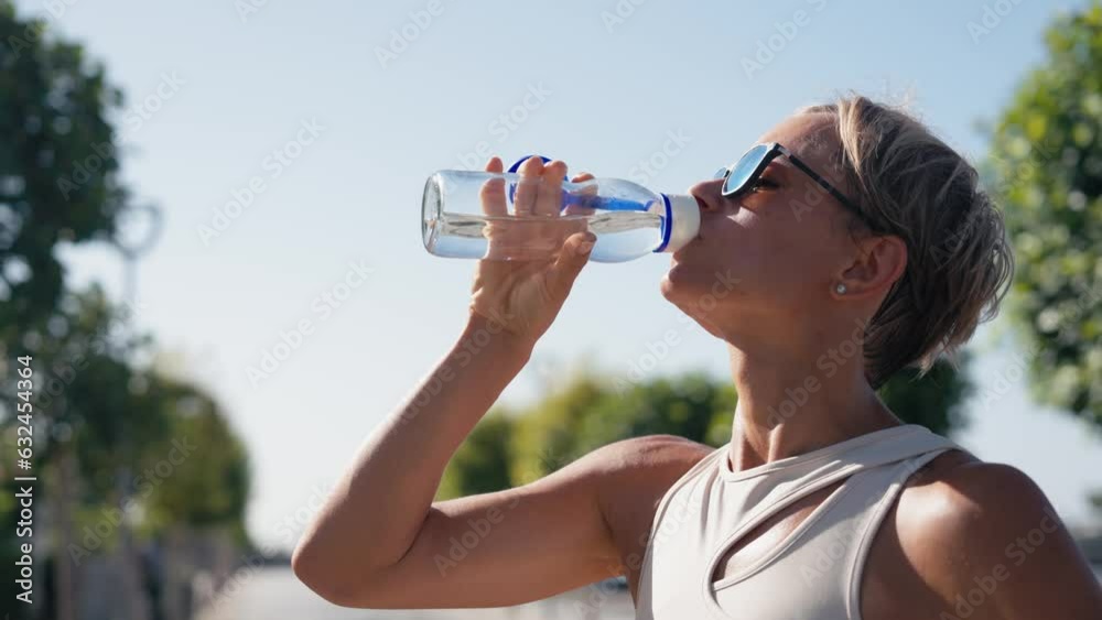 Middle age woman drinking water from plastic bottle after gym, outdoor workout, city sport, brunette caucasian girl drink clear mineral water after jogging training in city park warm summer day.