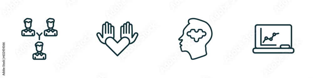 set of 4 linear icons from people concept. outline icons included business partnership, no racism, psychology, classroom stats vector