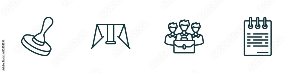 set of 4 linear icons from other concept. outline icons included wooden stamper, swing game, limited liability, notepad sheet vector set of 4 linear icons from other concept. outline icons included wooden stamper, swing game, limited liability, notepad sheet vector