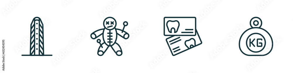 set of 4 linear icons from other concept. outline icons included flatiron, voodoo puppet, dentist business card, kilograms vector set of 4 linear icons from other concept. outline icons included flatiron, voodoo puppet, dentist business card, kilograms vector