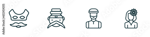set of 4 linear icons from people concept. outline icons included devil mask, emperor, muslim man, woman with flower vector