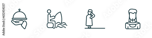 set of 4 linear icons from people concept. outline icons included serve, sitting man fishing, takbir, amazonian vector