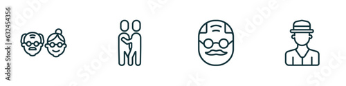 set of 4 linear icons from people concept. outline icons included old couple, snuggle, elder, spanish man vector