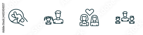 set of 4 linear icons from people concept. outline icons included birth, father and daughter, lesbian couple, father and children vector