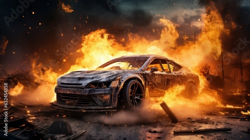 Car on Fire Accident, Burning Car Background, Car Insurance Concept. Generative Ai © CYBERUSS