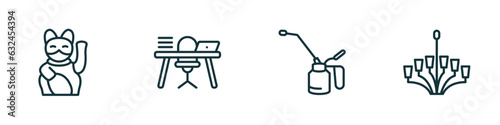set of 4 linear icons from other concept. outline icons included lucky cat toy, studying zone, oil can, chandeliers vector