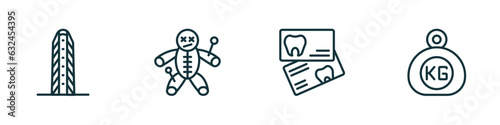 set of 4 linear icons from other concept. outline icons included flatiron, voodoo puppet, dentist business card, kilograms vector
