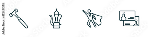 set of 4 linear icons from other concept. outline icons included work hammer, arabic jar, super hero, chemistry business card vector
