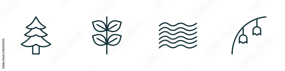 set of 4 linear icons from nature concept. outline icons included cedar, pinnate, waves, bluebell vector