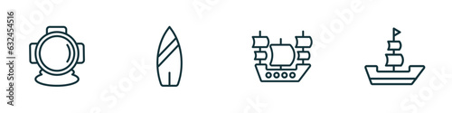 set of 4 linear icons from nautical concept. outline icons included aqualung, suroard, old galleon, classic ship vector
