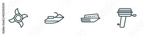 set of 4 linear icons from nautical concept. outline icons included ship engine propeller, facing right, speed boat facing right, boat engine vector