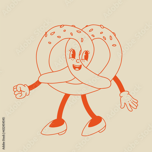 Vector cartoon retro mascot of pretzel. Vintage style 30s, 40s, 50s old animation. The clipart is isolated on a beige background.