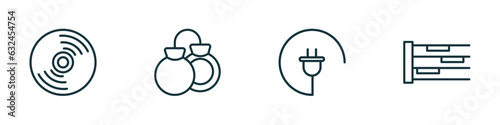 set of 4 linear icons from music and media concept. outline icons included cd, castanets, charging plug, whole rest vector