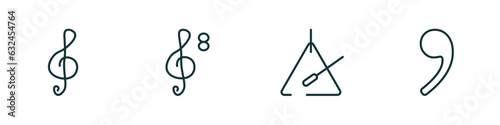 set of 4 linear icons from music and media concept. outline icons included treble clef, octave clef, music triangle, breath mark vector