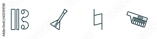 set of 4 linear icons from music and media concept. outline icons included alto clef, balalaika, natural, keytar vector