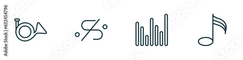 set of 4 linear icons from music and media concept. outline icons included french horn, segno, sound bars, demisemiquaver vector