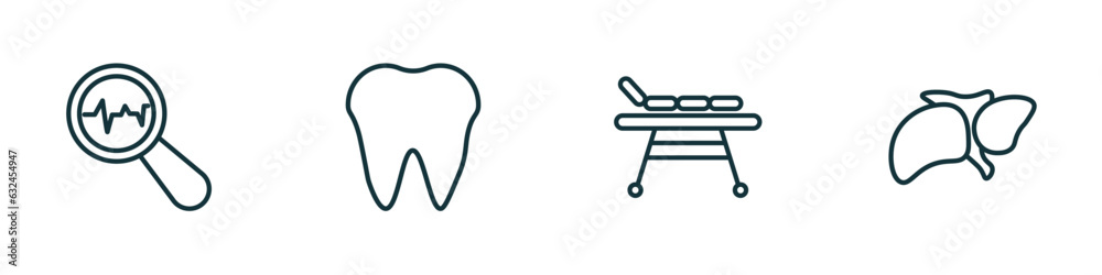 set of 4 linear icons from medical concept. outline icons included diagtic, tooth, table of treatments, liver vector set of 4 linear icons from medical concept. outline icons included diagtic, tooth, table of treatments, liver vector