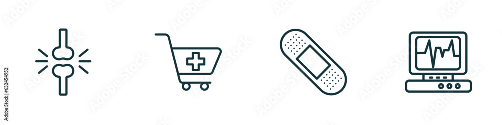 set of 4 linear icons from medical concept. outline icons included femur, phary shopping cart, sticking plaster, heart rate monitor vector set of 4 linear icons from medical concept. outline icons included femur, phary shopping cart, sticking plaster, heart rate monitor vector