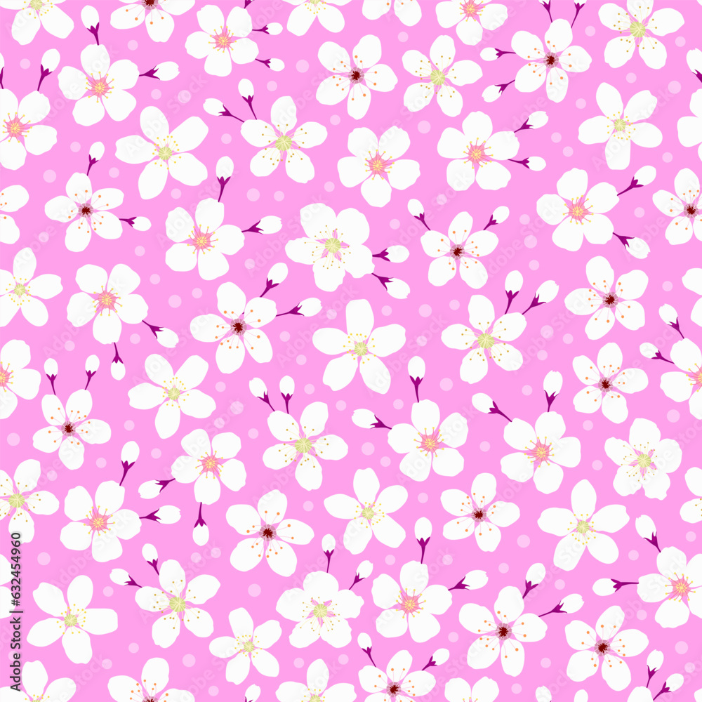 ditsy floral white sakura seamless pattern. cherry blossom flower with pink background and polka dots. good for fabric, fashion design, summer spring dress, Japan kimono, textile, background.