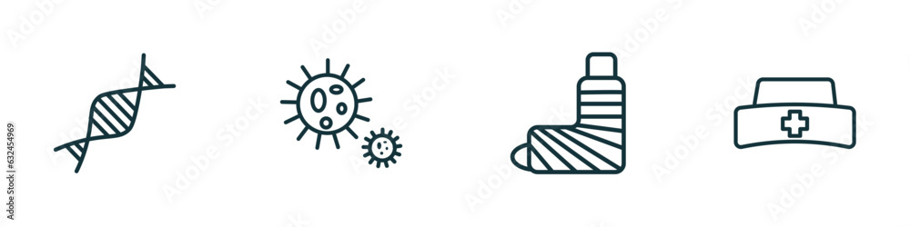 set of 4 linear icons from medical concept. outline icons included medical chain of dna, bacteria, plastered foot, nurse cross vector