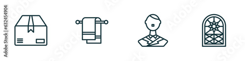 set of 4 linear icons from miscellaneous concept. outline icons included product, towel rack, german, stained glass window vector