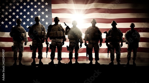 Men in silhouette with american flag background. Greeting card for Veterans Day, Memorial Day, Independence Day. America celebration.