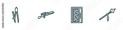 set of 4 linear icons from miscellaneous concept. outline icons included school compass, flame thrower, room door, spears vector