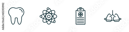 set of 4 linear icons from medical concept. outline icons included molar tooth, atomic structure, medical records, breath control vector