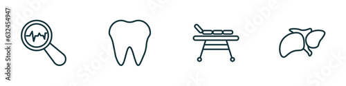 set of 4 linear icons from medical concept. outline icons included diagtic, tooth, table of treatments, liver vector