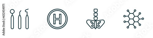 set of 4 linear icons from medical concept. outline icons included dentist tool, heliport, pelvic area, molecular configuration vector