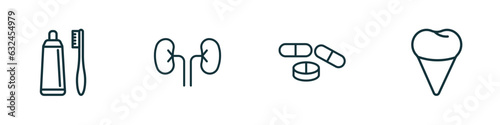 set of 4 linear icons from medical concept. outline icons included brush with tooth paste, kidney, drug pills, premolar vector