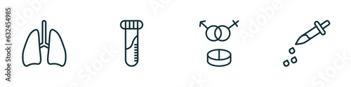 set of 4 linear icons from medical concept. outline icons included lungs, blood sample, united heterosexual, dosage medical tool vector