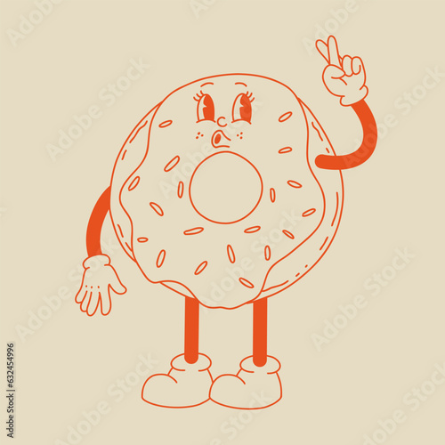 Vector cartoon retro mascot of donut. Vintage style 30s, 40s, 50s old animation. The clipart is isolated on a beige background.