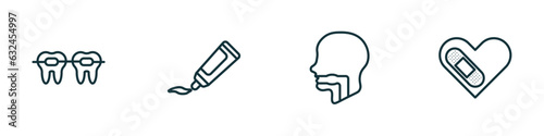 set of 4 linear icons from medical concept. outline icons included braces, ointment, pharynx, cure vector