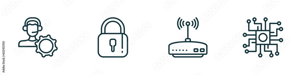 set of 4 linear icons from internet security concept. outline icons included remote support, padlock, router, processor vector set of 4 linear icons from internet security concept. outline icons included remote support, padlock, router, processor vector