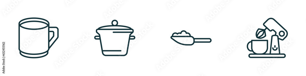 set of 4 linear icons from kitchen concept. outline icons included mug, pot, scoop, mixer vector set of 4 linear icons from kitchen concept. outline icons included mug, pot, scoop, mixer vector