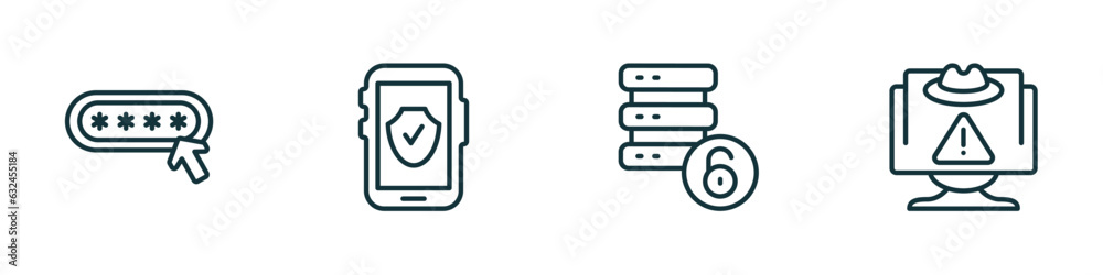 set of 4 linear icons from internet security concept. outline icons included password, mobile phone security, data unclocked, spyware vector set of 4 linear icons from internet security concept. outline icons included password, mobile phone security, data unclocked, spyware vector