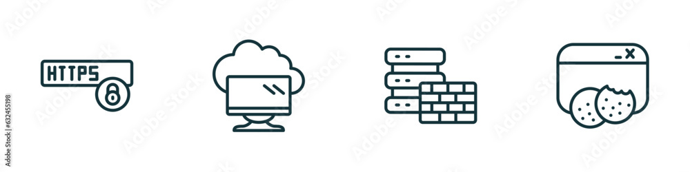 set of 4 linear icons from internet security concept. outline icons included https, computing cloud, firewall, web cookies vector set of 4 linear icons from internet security concept. outline icons included https, computing cloud, firewall, web cookies vector