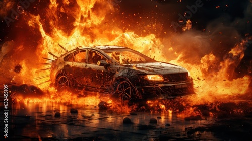 Car on Fire Accident  Burning Car Background  Car Insurance Concept. Generative Ai