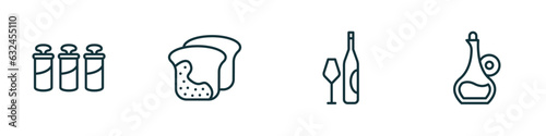 set of 4 linear icons from kitchen concept. outline icons included spice jar, molded, wine bottle, olive oil vector