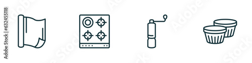 set of 4 linear icons from kitchen concept. outline icons included aluminum foil, stove, coffee grinder, custard cup vector