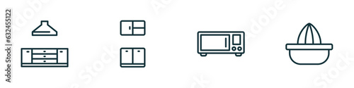 set of 4 linear icons from kitchen concept. outline icons included kitchen, kitchen cabinet, microwave oven, squeezer vector