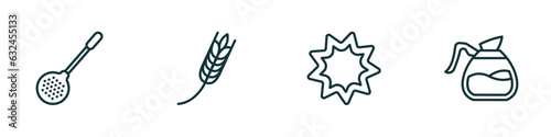 set of 4 linear icons from kitchen concept. outline icons included skimmer, wheat, cookie cutter, coffee pot vector