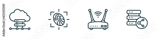 set of 4 linear icons from internet security concept. outline icons included cloud server, fingerprint scan, wireless router, data share vector