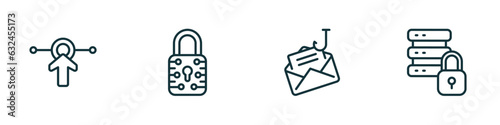set of 4 linear icons from internet security concept. outline icons included interactive, data locked, phishing, data protection vector