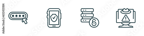 set of 4 linear icons from internet security concept. outline icons included password, mobile phone security, data unclocked, spyware vector