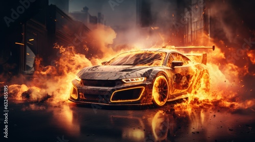 Car on Fire Accident, Burning Car Background, Car Insurance Concept. Generative Ai