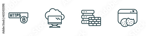set of 4 linear icons from internet security concept. outline icons included https, computing cloud, firewall, web cookies vector