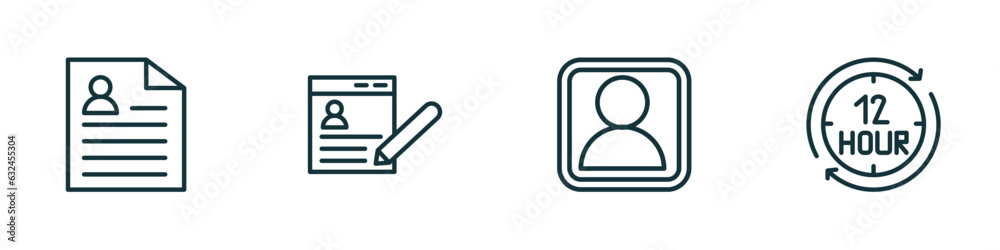 set of 4 linear icons from human resources concept. outline icons included resume, job application, profiles, 12 hours vector set of 4 linear icons from human resources concept. outline icons included resume, job application, profiles, 12 hours vector